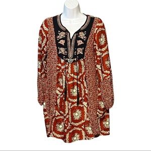 Altar’d State Embroidered Long Sleeve Tunic Dress Floral V-Neck Fringe Tassel